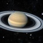 Saturn and its rings with many small distant moons marked in deep space