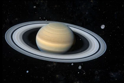 Saturn and its rings with many small distant moons marked in deep space