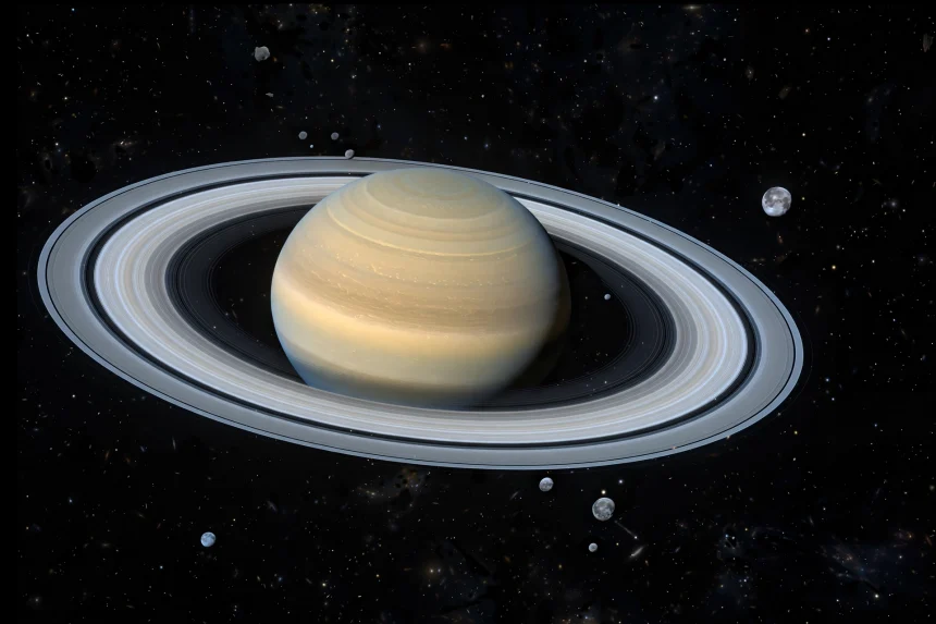 Saturn and its rings with many small distant moons marked in deep space
