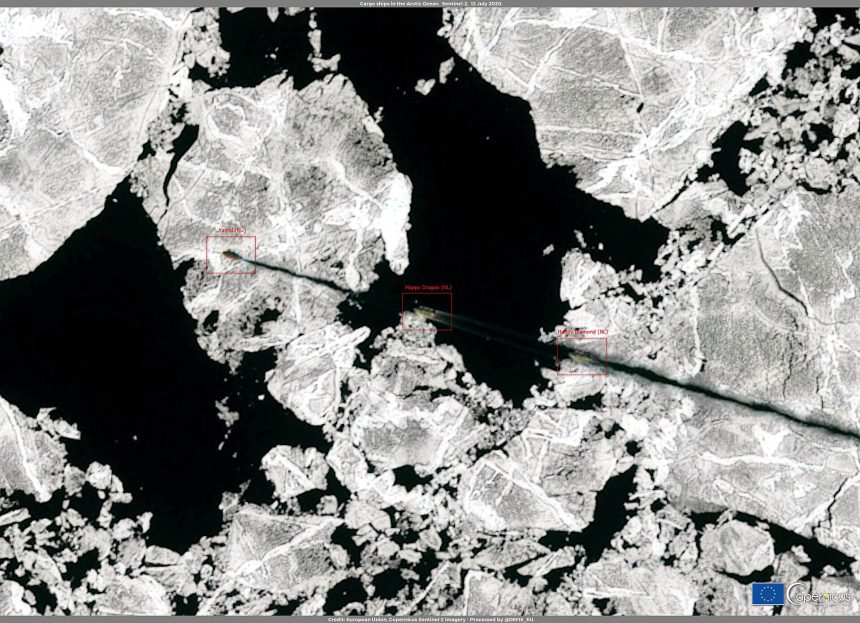 A cargo vessel navigating through icy Arctic waters