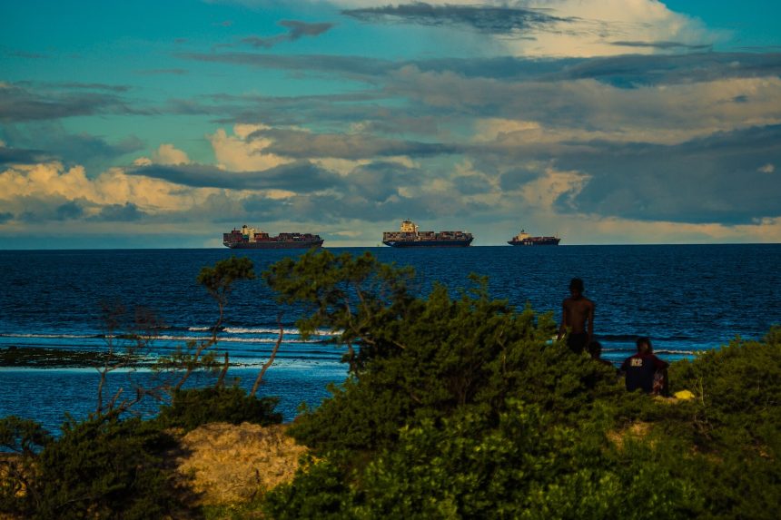 Container ships at a busy port