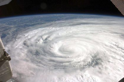 A hurricane's spiral cloud system photographed from the International Space Station