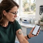 Person with type 2 diabetes wearing a continuous glucose monitor sensor and checking readings on a smartphone