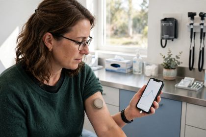 Person with type 2 diabetes wearing a continuous glucose monitor sensor and checking readings on a smartphone