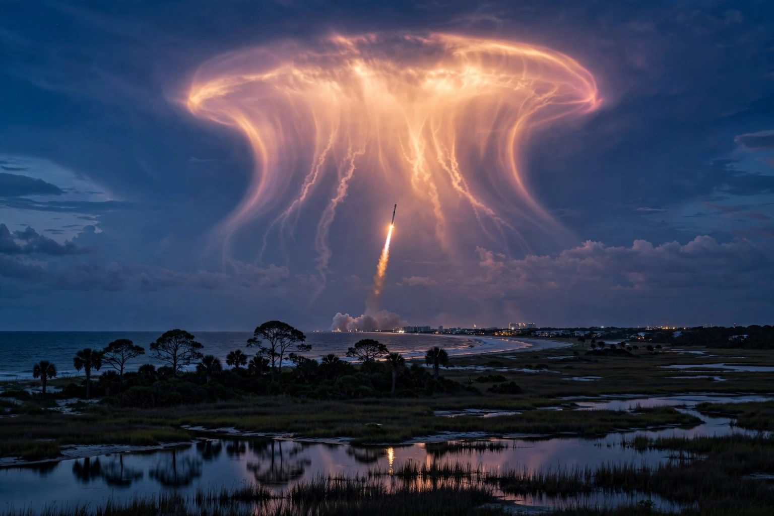 SpaceX rocket launch at twilight creating a glowing jellyfish-shaped cloud over the US East Coast