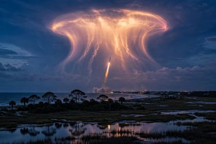 SpaceX rocket launch at twilight creating a glowing jellyfish-shaped cloud over the US East Coast
